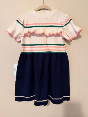 Janie and Jack Cream, Navy, Pink & Green Striped Knit Ruffle Dress
